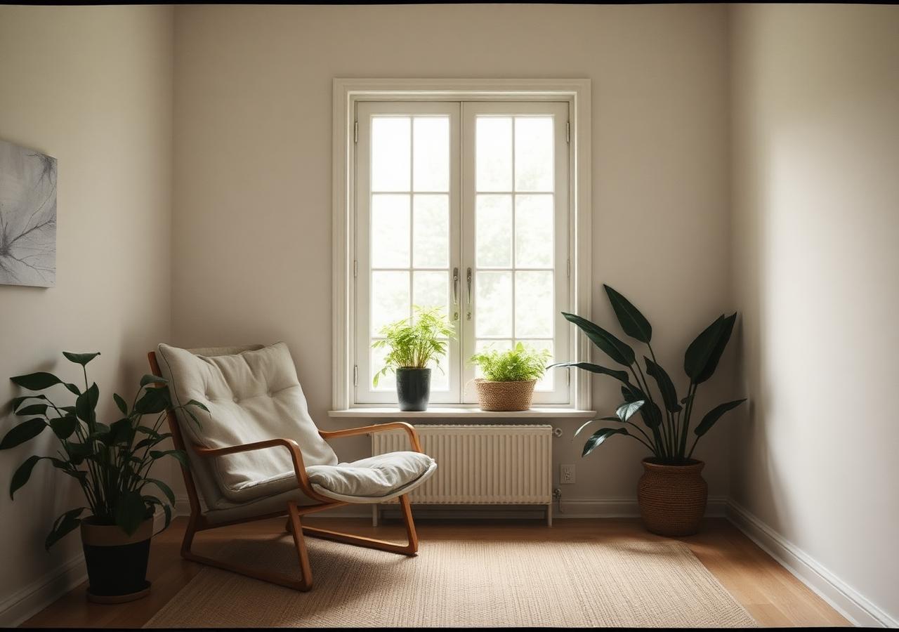 A quiet reading corner with plants and soft daylight